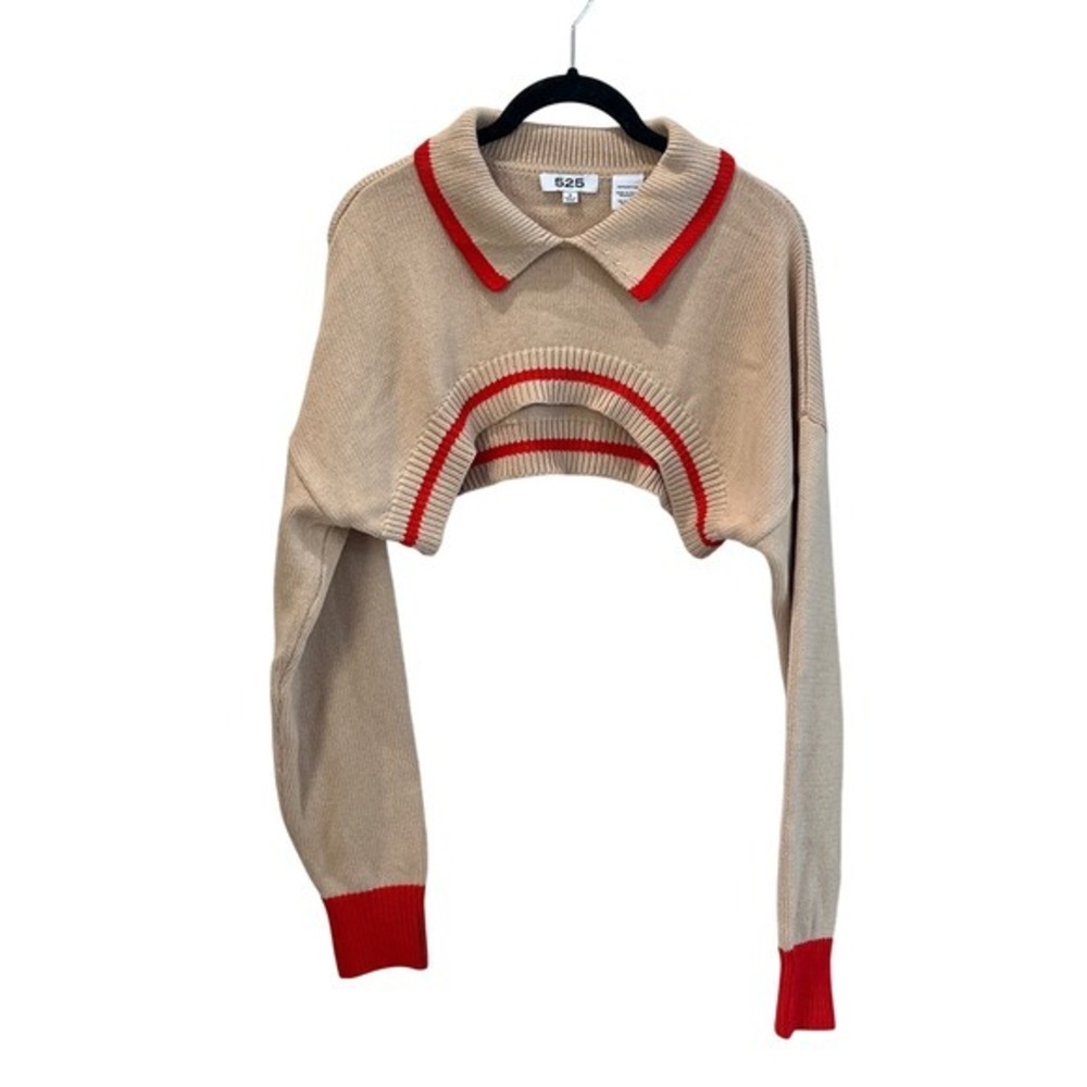 525 Cotton Polo Shrug Pullover Cropped Sweater  Red Trim Long Sleeve  Size S Y2K